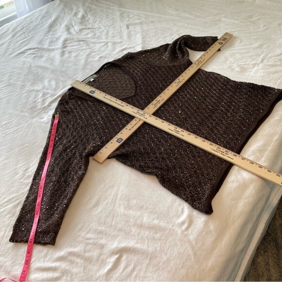 Nicole Alexander Sequin V Neck Lightweight Basket Weave Knit Sweater Brown SZ XL - Picture 6 of 7